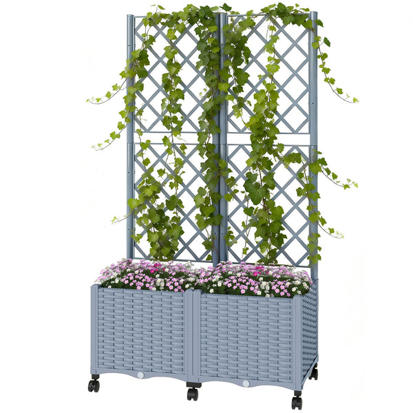 Planter Box with Trellis, Self Watering Raised Garden Bed with Lockable Wheels, 56.3" Trellis Privacy Planter with Drainage Holes for Climbing Plants, Vines, Vegetables, Flowers, Gray