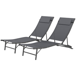 Outdoor Lounge Chair Set of 2, Folding Outdoor Chaise Lounge with Adjustable Backrest, Reclining Sun Tanning Chair with Mesh Seat, Headrest for Beach, Poolside, Grey