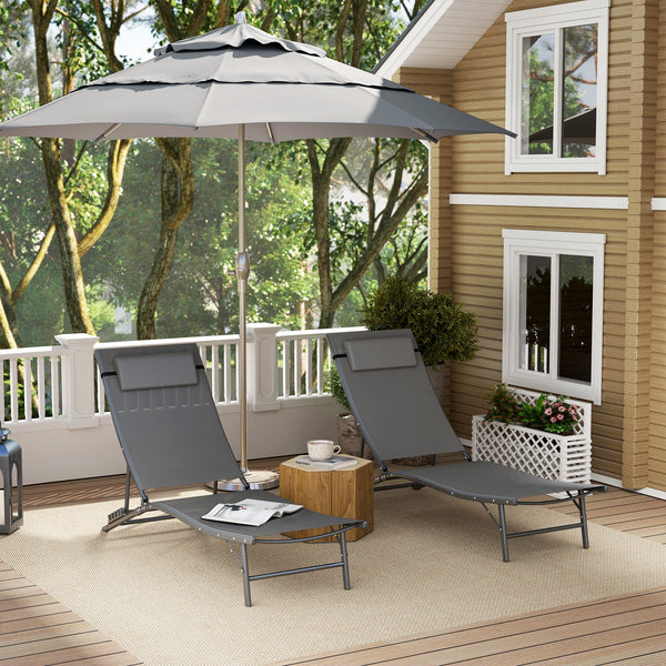 Outdoor Lounge Chair Set of 2, Folding Outdoor Chaise Lounge with Adjustable Backrest, Reclining Sun Tanning Chair with Mesh Seat, Headrest for Beach, Poolside, Grey