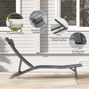 Outdoor Lounge Chair Set of 2, Folding Outdoor Chaise Lounge with Adjustable Backrest, Reclining Sun Tanning Chair with Mesh Seat, Headrest for Beach, Poolside, Grey
