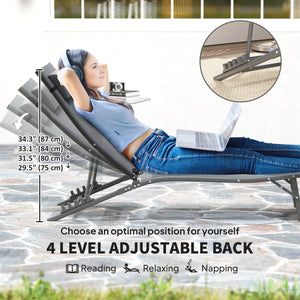 Outdoor Lounge Chair Set of 2, Folding Outdoor Chaise Lounge with Adjustable Backrest, Reclining Sun Tanning Chair with Mesh Seat, Headrest for Beach, Poolside, Grey
