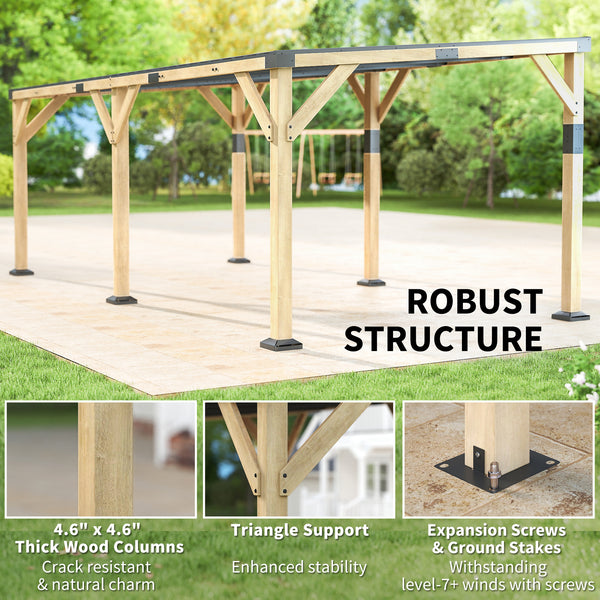 10' x 20' Wooden Gazebo, Hardtop Lean-to Gazebo Pergola with Galvanized Steel Sloped Roof, Large Heavy Duty Awning for Patio, Deck, Backyard, Light Walnut