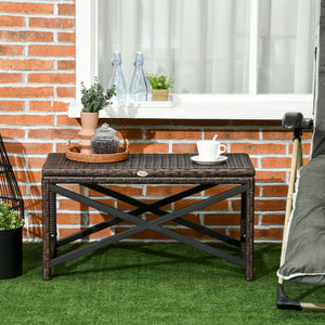 Outdoor Coffee Table, Garden PE Rattan Side Table with Plastic Board Under the Full Woven Table Top and X-Shape Frame for Patio, Balcony, Mixed Brown