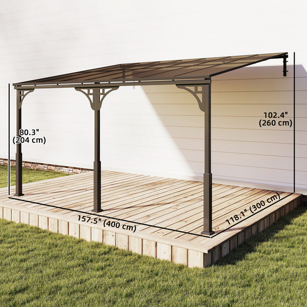 13' x 10' Lean to Gazebo, Hardtop Wall Mounted Outdoor Pergola with Polycarbonate Roof and Metal-Aluminium Frame, Heavy Duty Metal Pergola for Patio Deck Backyard, Brown