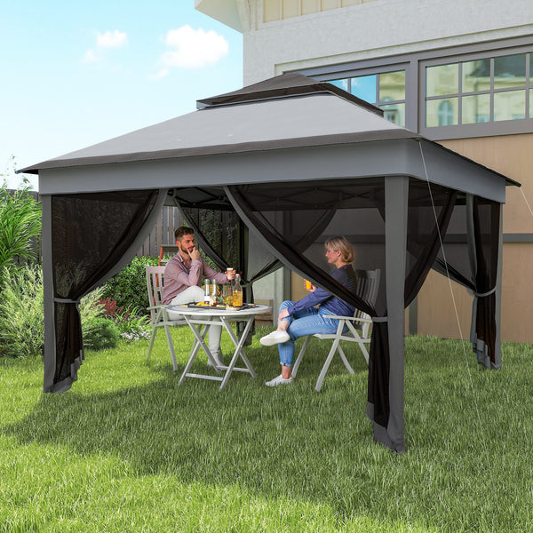 10.7 x 10.7ft Pop Up Camping Gazebo, Height Adjustable Instant Sun Shelter with UV30+ Roof Cover, Removable Mesh Curtains and Carrying Bag for Patio, Backyard, Dark Grey