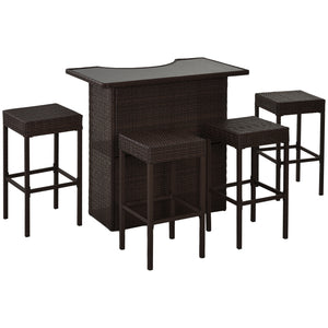 5 Pieces Patio Bar Set, Outdoor PE Rattan Wicker High Top Outdoor Table and Chairs Outdoor Bar Set with Tempered Glass Top Bar Table and Shelves, 4 Bar Chairs, Dark Brown