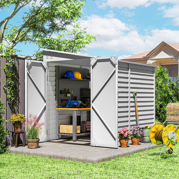 4.6' x 9' Steel Outdoor Storage Shed, with Foundation Kit, Lockable Doors and Gloves, White