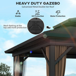 10' x 10' Hardtop Gazebo, Aluminum Frame Garden Sun Shelter with Double Tier Metal Roof, Mosquito Netting, Curtains, and Hanging Hook, Dark Brown