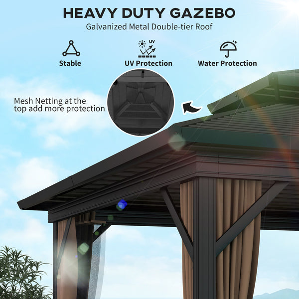 10' x 10' Hardtop Gazebo, Aluminum Frame Garden Sun Shelter with Double Tier Metal Roof, Mosquito Netting, Curtains, and Hanging Hook, Dark Brown