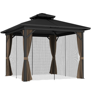 10' x 10' Hardtop Gazebo, Aluminum Frame Garden Sun Shelter with Double Tier Metal Roof, Mosquito Netting, Curtains, and Hanging Hook, Dark Brown