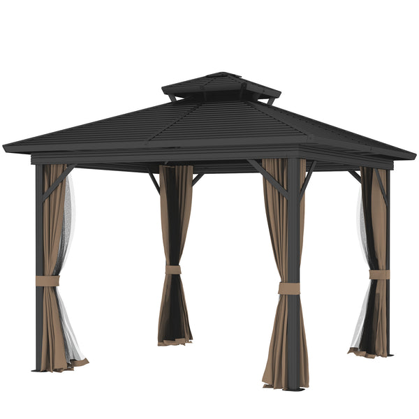 10' x 10' Hardtop Gazebo, Aluminum Frame Garden Sun Shelter with Double Tier Metal Roof, Mosquito Netting, Curtains, and Hanging Hook, Dark Brown