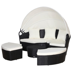 4 Pieces Outdoor Daybed with Retractable Canopy, PE Rattan Wicker Round Sofa Day Bed, Patio Sectional  Conversation Furniture Set with Cushions and Pillows, Cream White