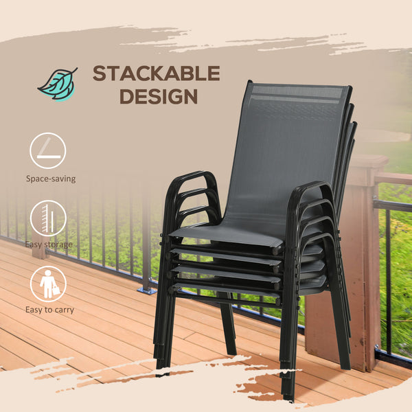 Set of 4 Outdoor Dining Chairs, Heavy Duty Stackable Patio Dining Set with Mesh Seat and Armrests for Balcony Garden, Dark Grey
