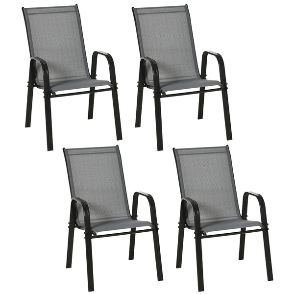 Set of 4 Outdoor Dining Chairs, Heavy Duty Stackable Patio Dining Set with Mesh Seat and Armrests for Balcony Garden, Dark Grey