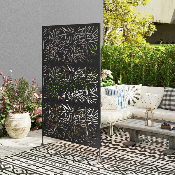 Decorative Garden Privacy Screen with Stand, 6.5FT Freestanding Metal Outdoor Divider, Decorative Privacy Panel with Expansion Screws for Garden Pool Hot Tub, Bamboo Style, Black