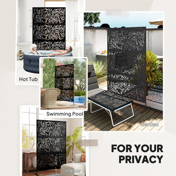 Decorative Garden Privacy Screen with Stand, 6.5FT Freestanding Metal Outdoor Divider, Decorative Privacy Panel with Expansion Screws for Garden Pool Hot Tub, Bamboo Style, Black