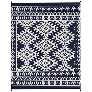Outsunny Reversible Outdoor Rug, 8' x 10' Waterproof Plastic Straw Floor Mat, Portable RV Camping Carpet, Large Floor Mat for Backyard, Deck, Picnic, Beach, Blue & White Rhombus Border