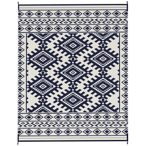 Outsunny Reversible Outdoor Rug, 8' x 10' Waterproof Plastic Straw Floor Mat, Portable RV Camping Carpet, Large Floor Mat for Backyard, Deck, Picnic, Beach, Blue & White Rhombus Border