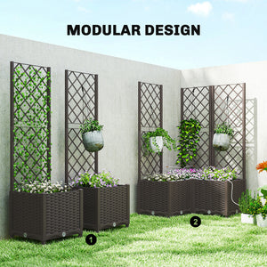 3PCS Plastic Planter Box with Trellis, Self-Watering Raised Garden Bed with Trellis and Automatic Watering Timer Kit, Outdoor Raised Planter with Drainage Holes, Plugs and Water Reservoir