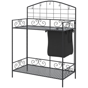 Folding Potting Bench Table, Metal Garden Workstation, Work Bench with Large Build-In Bag with Cover, 5 Hanging Hooks & Storage Shelf, Flourishes