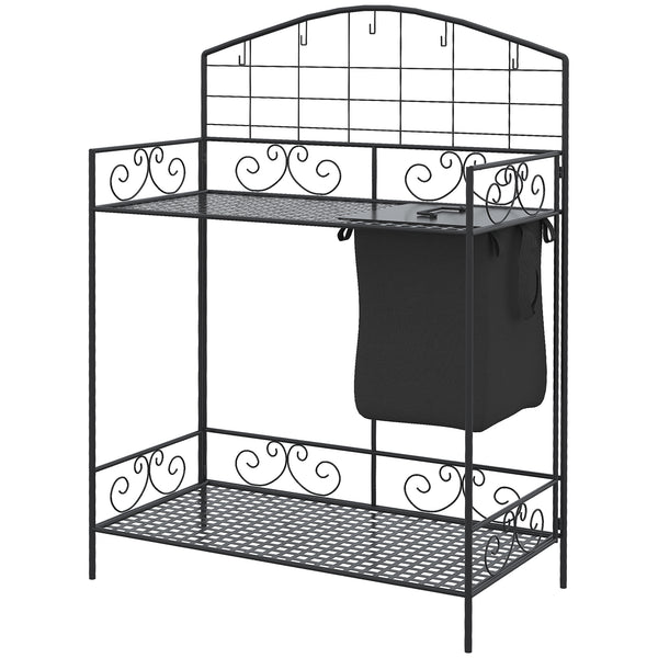 Folding Potting Bench Table, Metal Garden Workstation, Work Bench with Large Build-In Bag with Cover, 5 Hanging Hooks & Storage Shelf, Flourishes