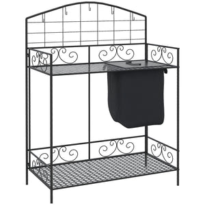 Folding Potting Bench Table, Metal Garden Workstation, Work Bench with Large Build-In Bag with Cover, 5 Hanging Hooks & Storage Shelf, Flourishes