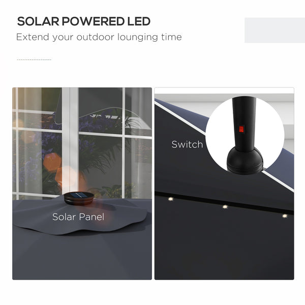 3(m) Garden Parasol Umbrella with 32 Solar LED Lights and Tilt, Outdoor Market Table Umbrella Sun Shade Canopy with Crank, 8 Ribs, Dark Grey
