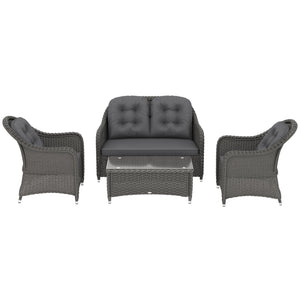4 Pieces Outdoor PE Rattan Garden Furniture with Cushions, Patio Special Hand Weave Wicker Conservatory Sofa Set with Glass Top Coffee Table, Light Grey