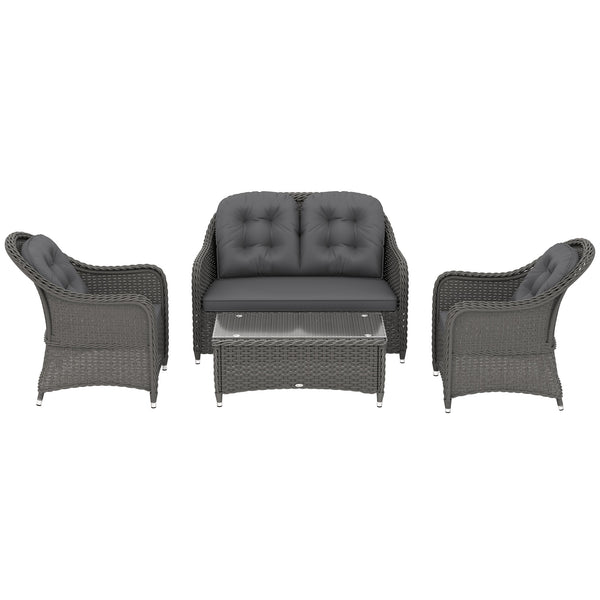 4 Pieces Outdoor PE Rattan Garden Furniture with Cushions, Patio Special Hand Weave Wicker Conservatory Sofa Set with Glass Top Coffee Table, Light Grey