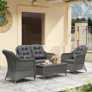 4 Pieces Outdoor PE Rattan Garden Furniture with Cushions, Patio Special Hand Weave Wicker Conservatory Sofa Set with Glass Top Coffee Table, Light Grey