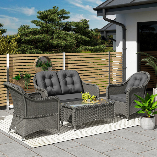 4 Pieces Outdoor PE Rattan Garden Furniture with Cushions, Patio Special Hand Weave Wicker Conservatory Sofa Set with Glass Top Coffee Table, Light Grey