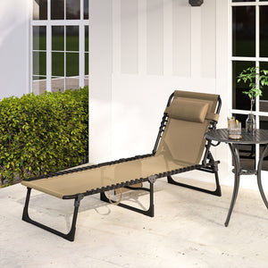 Folding Lounge Chair, Reclining Tanning Chair, Portable Sun Lounger with Adjustable Backrest and Removable Pillow for Patio, Garden, Beach, Beige