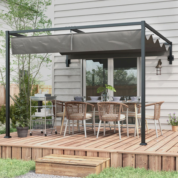 2 x 3(m) Lean To Pergola with Retractable Roof, Wall Mounted Garden Gazebo Outdoor Sun Shade Shelter for Patio, Deck, Dark Grey
