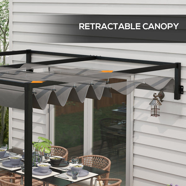 2 x 3(m) Lean To Pergola with Retractable Roof, Wall Mounted Garden Gazebo Outdoor Sun Shade Shelter for Patio, Deck, Dark Grey