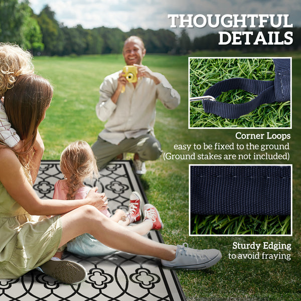 Reversible Outdoor RV Rug with Carry Bag, 9' x 18' Patio Floor Mat, Plastic Straw Rug for Backyard, Deck, Picnic, Beach, Camping, Lantern, Black and White