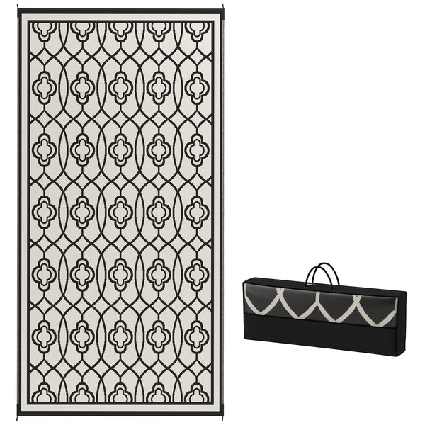 Reversible Outdoor RV Rug with Carry Bag, 9' x 18' Patio Floor Mat, Plastic Straw Rug for Backyard, Deck, Picnic, Beach, Camping, Lantern, Black and White