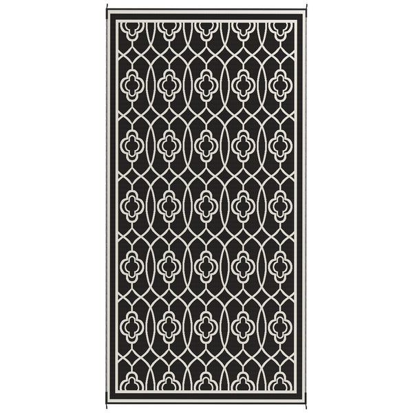 Reversible Outdoor RV Rug with Carry Bag, 9' x 18' Patio Floor Mat, Plastic Straw Rug for Backyard, Deck, Picnic, Beach, Camping, Lantern, Black and White