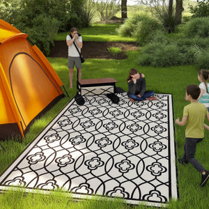 Reversible Outdoor RV Rug with Carry Bag, 9' x 18' Patio Floor Mat, Plastic Straw Rug for Backyard, Deck, Picnic, Beach, Camping, Lantern, Black and White