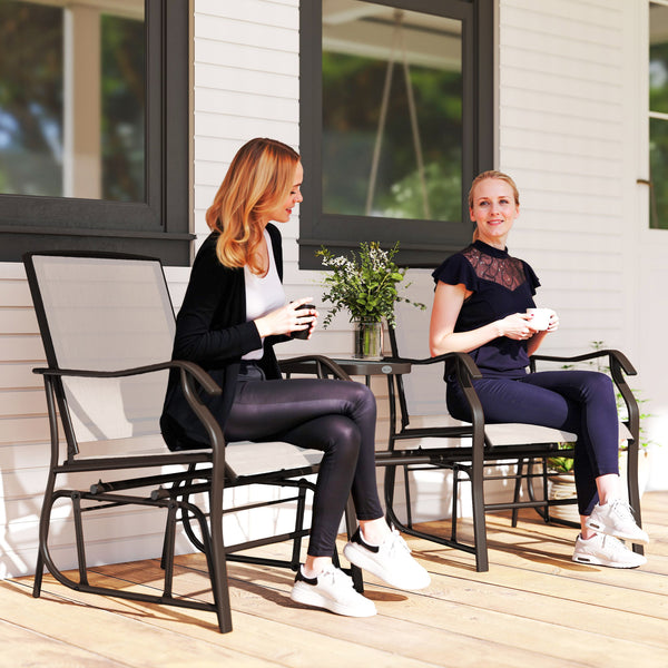 Outdoor Glider Chairs with Coffee Table, Patio 2-Seat Rocking Chair Swing Loveseat with Breathable Sling for Backyard, Garden, and Porch, Beige