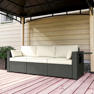 3 Seater Wicker Outdoor Sofa with Side Tray Tables, Poly Rattan Patio Sofa Couch with 6" Thick Back Cushions, Outdoor Couch with Deep Seat, Pillows for Garden, Cream White