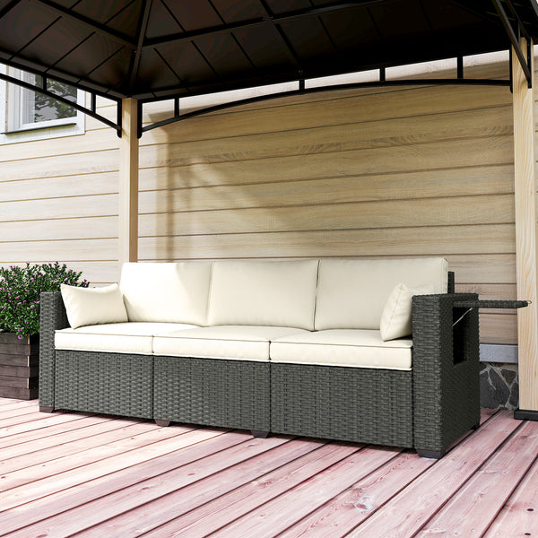 3 Seater Wicker Outdoor Sofa with Side Tray Tables, Poly Rattan Patio Sofa Couch with 6" Thick Back Cushions, Outdoor Couch with Deep Seat, Pillows for Garden, Cream White