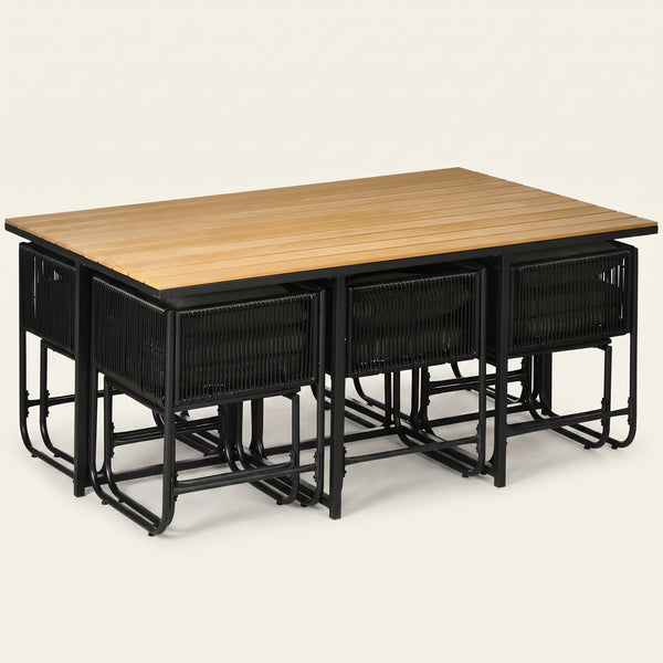 ARVOYA 10 Seater Rattan Garden Furniture Set with Wood Grain Top Table, Black