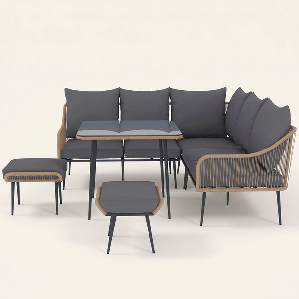 ARVOYA 6 Pieces Garden Corner Rattan Sofa Set w/ Cushions and Glass Top Table, Light Brown