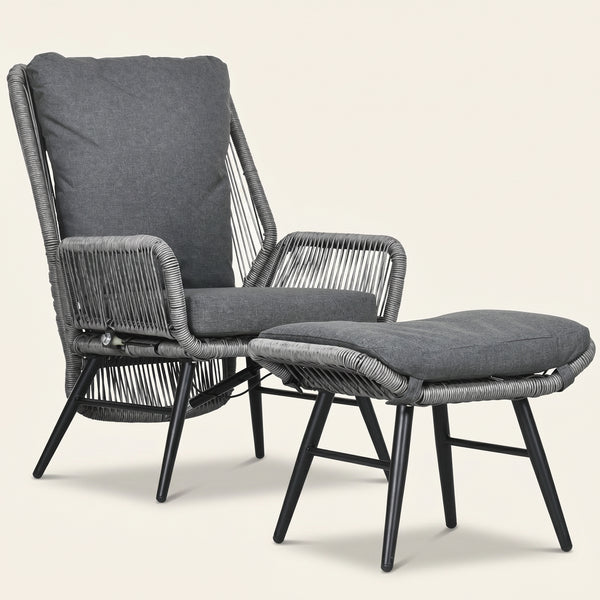 ARVOYA 2 Pieces PE Rattan Garden Leisure Chair Set w/ Adjustable Backrest & Footrest, Light Grey