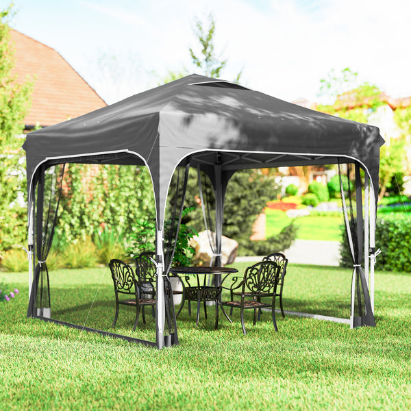 10 x 10 ft Pop Up Canopy Tent with Mosquito Netting, UPF 50+ Central Lock Easy Setup Outdoor Party Tent Instant Canopy with 4 Sandbags, Carry Bag, Dark Grey