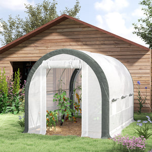 10'x6.6'x6.6' Walk-in Tunnel Greenhouse with Zipped Roll Up Mesh Door, 6 Mesh Windows, Plant Hot House Tent with PE Cover, 6 Plant Labels Gloves, White