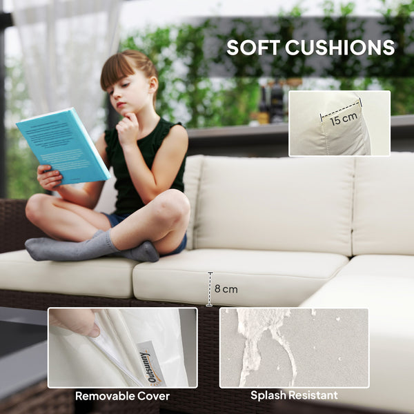 5 Piece Rattan Garden Furniture Set with Gas Fire Pit Table, 4 Seater Outdoor Sectional Sofa Set with Footstool and Removable Cushions, Modular Combination, Brown and Cream White