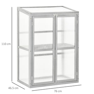 Wooden Cold Frame Greenhouse Polycarbonate Garden Grow House for Flower Vegetable Plants with Adjustable Shelf, Double Doors, 76 x 47 x 110cm, Light Grey