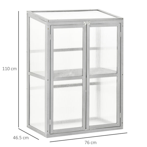 Wooden Cold Frame Greenhouse Polycarbonate Garden Grow House for Flower Vegetable Plants with Adjustable Shelf, Double Doors, 76 x 47 x 110cm, Light Grey