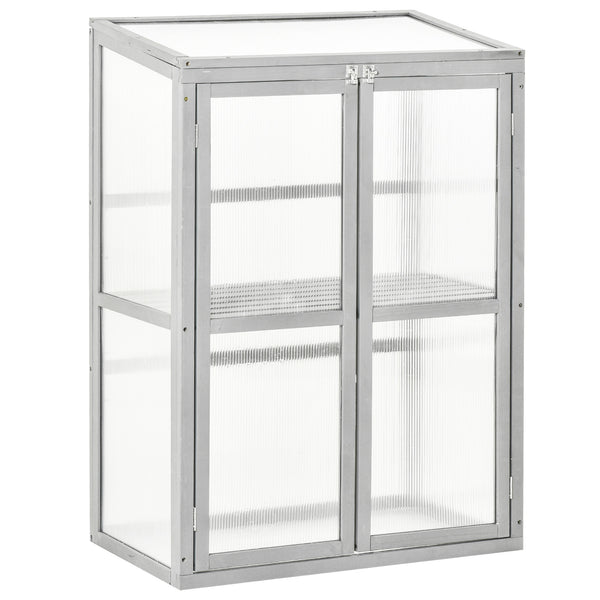 Wooden Cold Frame Greenhouse Polycarbonate Garden Grow House for Flower Vegetable Plants with Adjustable Shelf, Double Doors, 76 x 47 x 110cm, Light Grey
